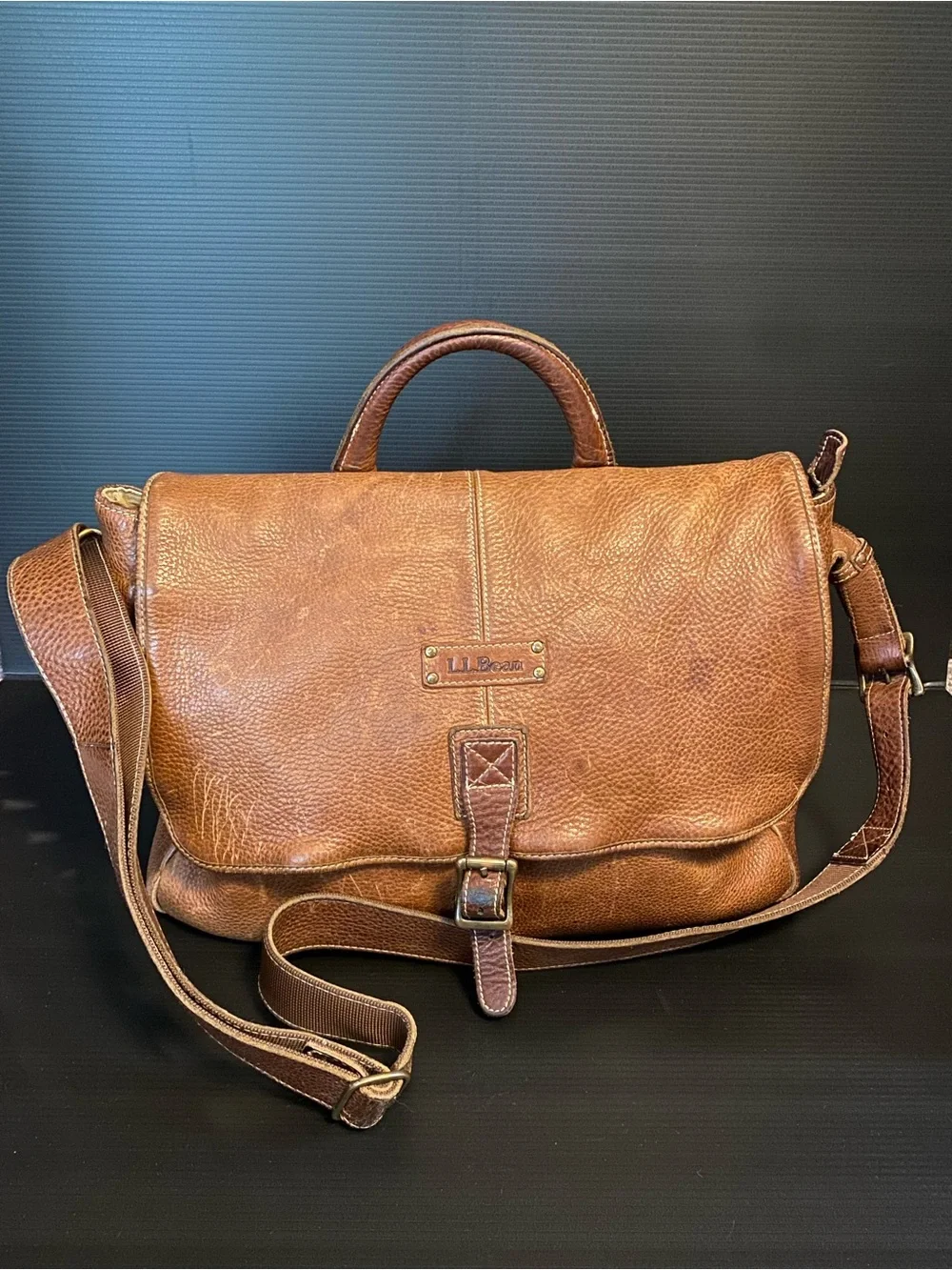 Vintage L.L. Bean Tan Brown Leather Messenger Bag with Top Handle